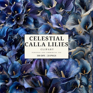 Könnte beinhalten: Digitales Kunstbild mit einer dichten Anordnung blauer Calla-Lilien mit goldenen Akzenten. Der Text "CELESTIAL CALLA LILIES" wird auf einem cremefarbenen Rechteck zusammen mit "CLIPART" und anderen Details angezeigt.