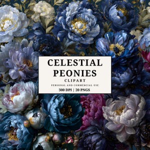 Op de afbeelding: Een digitale kunstafbeelding met een dichte opstelling van pioenrozen in tinten blauw, wit en paars. De bloemen hebben gouden accenten en staan tegen een donkere achtergrond. Tekst op de afbeelding luidt "Celestial Peonies Clipart".