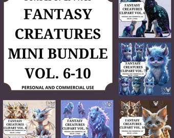 Lot de cliparts créatures fantastiques, vol. 6-10 | Animaux mystiques PNG numériques | Pack d'art fantastique à usage commercial