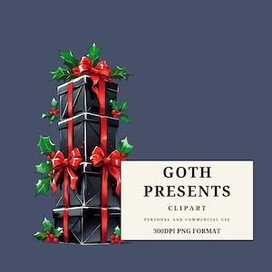 May include: Illustration of three stacked black gift boxes with red bows and holly accents. The image includes the text "GOTH PRESENTS CLIPART" in a rectangular box, suitable for personal and commercial use.
