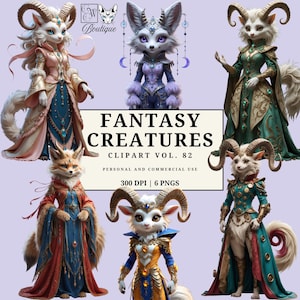 May include: Digital artwork showcasing six fantasy creatures, including foxes and goat-like figures, adorned in elaborate attire. The image includes the text "FANTASY CREATURES CLIPART VOL. 82". The background is a soft lavender hue.