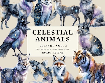 Celestial Animals Clipart Vol. 3 • Mystical Galaxy Animals • Cosmic Wolf Fox Owl Deer Cat Rabbit Tiger Koi • 12 PNGs