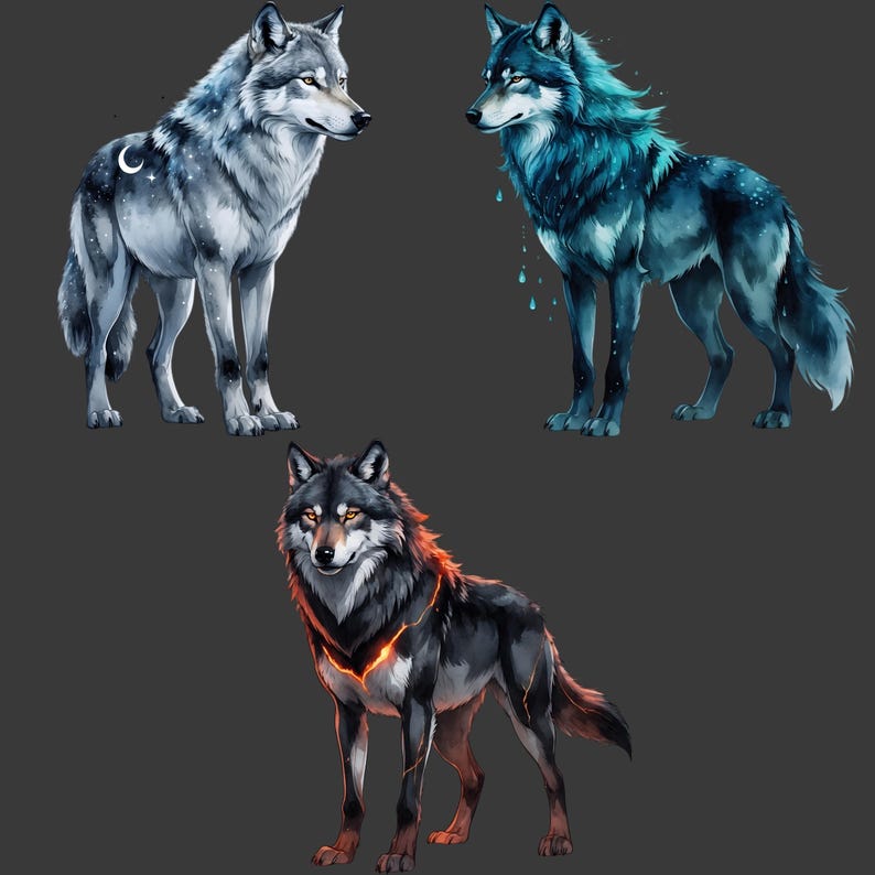 Elemental Wolves Clipart PNG Bundle, Fantasy Wolf Creatures Moon Frost ...
