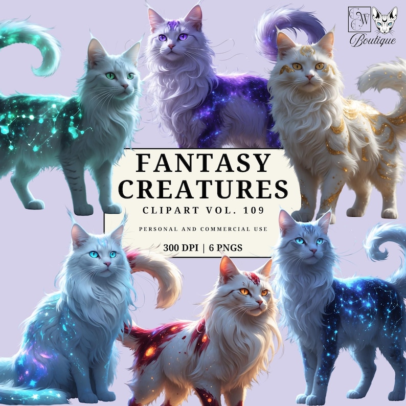 Fantasy Cosmic Cats Clipart Set, Celestial Galaxy Cat Pngs, Magical Cat ...