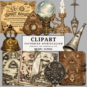 Viktoriansk spiritualism Clipart PNG-paket, ockult séancekonst, andebräde- och tarotstilillustrationer, gotisk vintage-ephemera