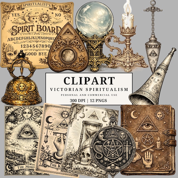 Victorian Spiritualism Clipart PNG Pack, Occult Séance Art, Spirit Board & Tarot Style Illustrations, Gothic Vintage Ephemera