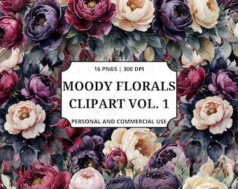 Moody Floral Clipart Vol 1 Gothic Romance Roses Peonies Dark Watercolor Flowers PNG