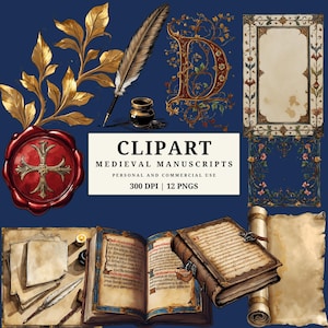 May include: A collection of medieval manuscript clipart elements on a navy blue background. Includes a wax seal, quill, inkwell, ornate letter, framed pages, open and closed books, and scrolls. The text reads "CLPART MEDIEVAL MANUSCRIPTS".