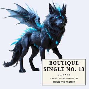 May include: A digital illustration of a black wolf-like creature with blue glowing accents, wings, and horns. The image includes the text "BOUTIQUE SINGLE NO. 13 CLIPART PERSONAL AND COMMERCIAL USE 300DPI PNG FORMAT."
