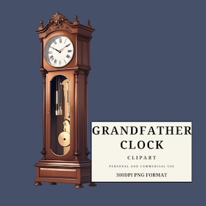 May include: A brown grandfather clock with a white clock face and black Roman numerals. The clock has a pendulum and weights visible through a glass door. The image includes the text "GRANDFATHER CLOCK CLIPART".