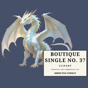 May include: A digital illustration of a white dragon with large, outstretched wings. The dragon has gold horns and claws, with iridescent blue and green accents. The image includes text that reads "BOUTIQUE SINGLE NO. 37 CLIPART".