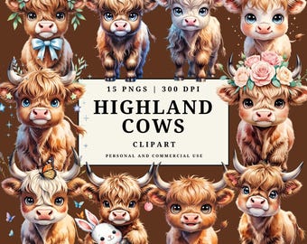 Highland Cow Clipart Bundle | Cute Baby Highland Calf PNG | Farm Animal Watercolor Clipart | Chibi Cow PNG | Highland Cattle Art