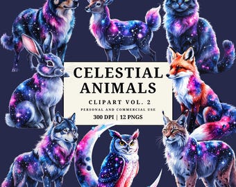 Celestial Animals Clipart Vol 2, Mystical Galaxy Animal PNGs, Cosmic Wildlife Clip Art, Starry Animal Illustrations