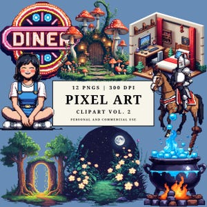 May include: A collection of pixel art images featuring a diner sign, a mushroom house, a bedroom scene, a knight on horseback, a girl, a starry night scene, and a cauldron. The text reads "12 PNGS | 300 DPI PIXEL ART CLIPART VOL. 2 PERSONAL AND COMMERCIAL USE."