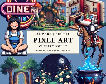 Pixelart clipart vol 2, retro jaren 80 pixel png's, fantasy pixelart, gamerstickers, 12 png-pack, digitale download