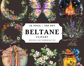 Beltane Clipart Bundle Witchy Pagan PNG Set Maypole Bonfire Florals Herbs Fae Magic