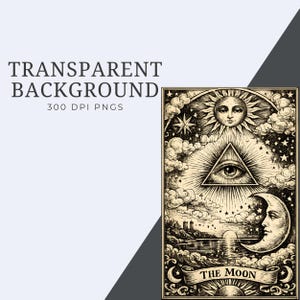 Tarot-style Victorian illustration of “The Moon” card with celestial imagery and engraved line art on a transparent background.