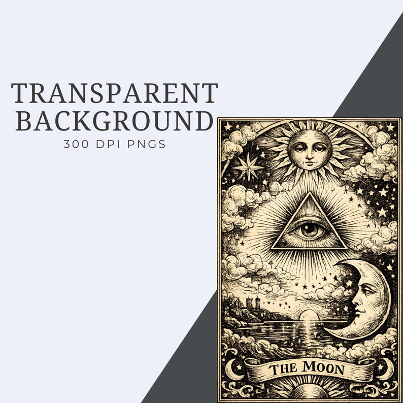 Tarot-style Victorian illustration of “The Moon” card with celestial imagery and engraved line art on a transparent background.