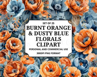 Burnt Orange & Dusty Blue Florals Clipart – 25 Watercolor Flower PNGs, Fall Wedding Bouquet Illustrations, Autumn Floral Digital Download