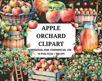 Apfel Obstgarten Clipart-Set, Herbsternte Äpfel Bäume Kuchen Apfelwein Korb Kiste, Herbst Aquarell Lebensmittel Bauernmarkt PNG