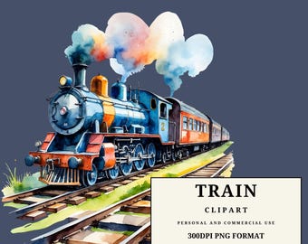 水彩画の線路上の列車のクリップアートPNG、ヴィンテージ蒸気機関車、旅行列車アート、透明な背景