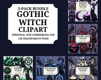 Witch Clipart Bundle | Gothic Purple Red Blue Green vory Witch PNG Set | 110 Dark Fantasy Clipart Graphics