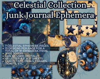 Puede incluir: Una colección de efímeras de diario basura con temática celestial. El diseño incluye marcos, tarjetas y formas ovaladas con un cielo nocturno, estrellas y elementos florales en tonos de azul, dorado y marrón. El texto dice "Celestial Collection Junk Journal Ephemera".