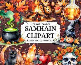 May include: A digital clipart set with a Samhain theme, featuring a black cauldron with green potion, a butterfly, a witch's hat, a black cat, crystals, apples, and a skull with flowers. The image includes text that reads "SAMHAIN CLIPART".