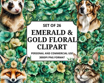 Emerald Green Gold Floral Clipart Set | 26 PNG Elements | Botanical Greenery & Flower Clip Art | Commercial Use Floral PNGs