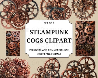 Clipart engrenage steampunk | 9 rouages PNG | Clipart industriel vintage | Engrenages d'horlogerie en métal rouillé | Pièces Steampunk imprimables | 300 ppp