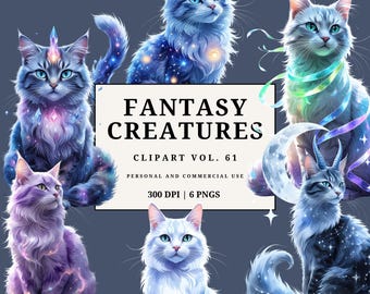 Celestial Fantasy Cats Clipart | Galaxy Cat PNGs | Mystical Cosmic Feline Art | Watercolor Starry Cats Pack