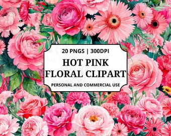 Hot Pink Flower Clipart | 20 PNGs Watercolor Florals | Digital Botanical Illustrations