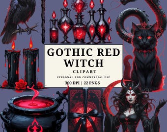 Gotische heks clipart png-pakket, rood zwarte fantasie heks elementen, donkere occulte illustraties 300 dpi, 20 png-bestanden