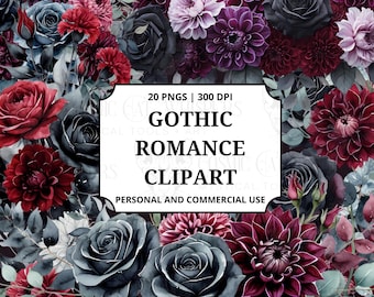 Gothic Romance Clipart | Black & Red Roses, Dark Florals, Moody Flowers | 20 PNGs 300 DPI