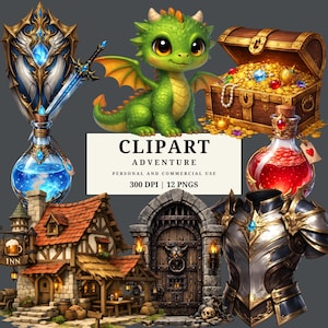 May include: Digital clipart set featuring fantasy adventure elements. Includes a green dragon, treasure chest, potion bottles, a medieval building, armor, a shield, and a sword. The text on the image reads "CLPART ADVENTURE PERSONAL AND COMMERCIAL USE 300 DPI | 12 PNGS."