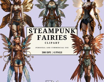 Steampunk Fairy Clipart • Mechanical Wings • Brass & Gear Fairies • Vintage Clockwork Fantasy • Boutique PNG Pack • 6 Steampunk Fairies