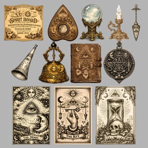 Individual Victorian occult illustrations including a spirit board, crystal ball on stand, spirit trumpet, ritual bell, and engraved symbols.