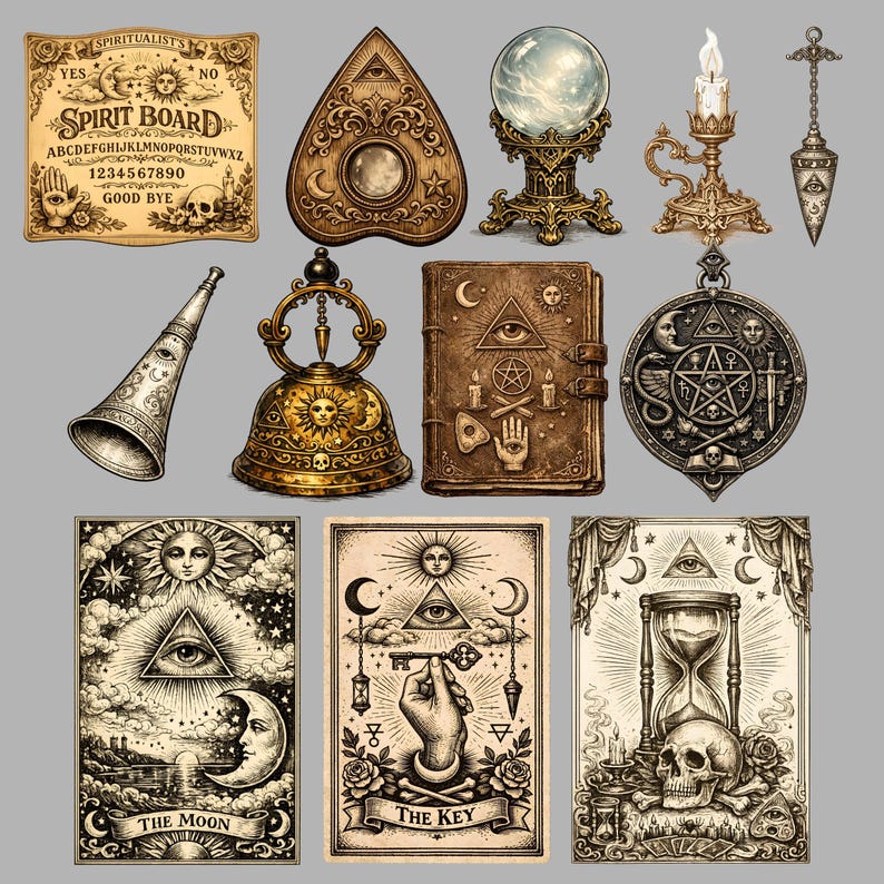 Individual Victorian occult illustrations including a spirit board, crystal ball on stand, spirit trumpet, ritual bell, and engraved symbols.
