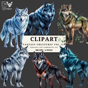 May include: Digital clipart featuring six fantasy wolf illustrations in various colors, including blue, gray, and brown. The wolves have detailed fur and are set against a dark background. Text on the image reads "CLIPART FANTASY CREATURES VOL 121".