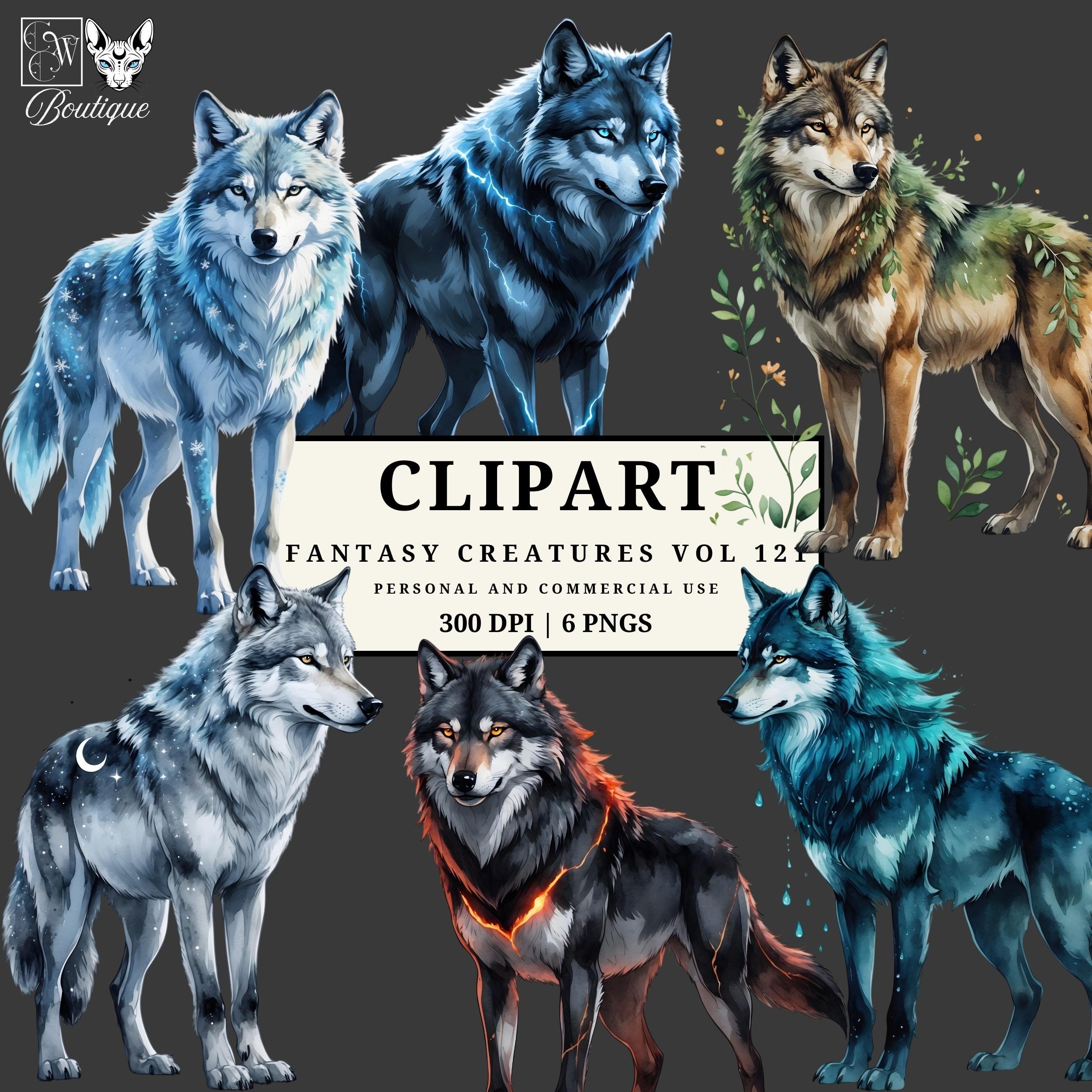 Elemental Wolves Clipart PNG Bundle, Fantasy Wolf Creatures Moon Frost ...