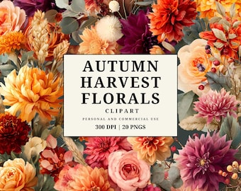 Autumn Harvest Florals Clipart | Watercolor Fall Flower PNGs | Burnt Orange, Plum & Amber Bouquets | 20 Painterly Floral PNGs