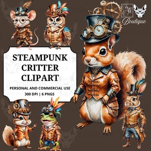 Peut inclure: Illustrations d'animaux steampunk, dont une souris, un hibou, un écureuil, un chipmunk, une grenouille et un lapin. Chaque créature porte des vêtements steampunk détaillés, comme des lunettes, des chapeaux hauts et des vestes. Le texte "STEAMPUNK CRITTER CLIPART" est inclus.
