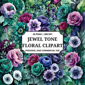 Puede incluir: Ilustración digital de imágenes prediseñadas florales en tonos joya. El diseño presenta una exuberante disposición de flores de acuarela en tonos turquesa, morado y azul, con follaje verde. El texto de la imagen dice "JEWEL TONE FLORAL CLIPART".