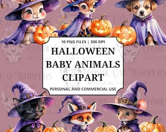 Halloween Baby Animals Clipart Set | Cute Witch Animals with Pumpkins PNG Bundle | Autumn Fall Digital Download
