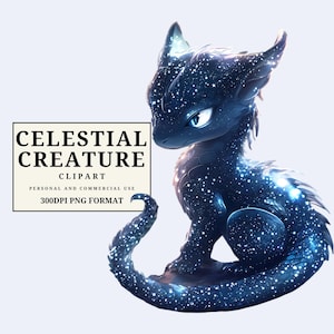 May include: A digital illustration of a celestial creature, a dragon-like figure with a dark blue body speckled with white stars. The creature has large, glowing blue eyes and is sitting upright. Text on the left reads "CELESTIAL CREATURE CLIPART".