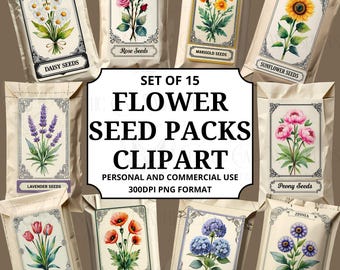 Clipart de paquete de semillas vintage: ilustraciones PNG de paquetes de semillas de flores en acuarela