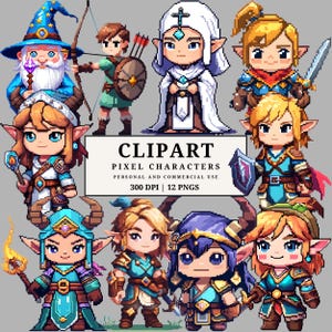 May include: A collection of pixel art characters, including a wizard, archer, and various fantasy figures. The image includes the text "CLIPART PIXEL CHARACTERS PERSONAL AND COMMERCIAL USE 300 DPI | 12 PNGS". The characters are in various poses and outfits.