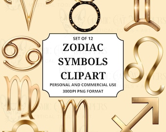 Zodiac Symbols Clipart | 12 Gold Astrological PNGs for Spiritual Projects, Junk Journals, & Digital Art | Constellations, Celestial CCW001