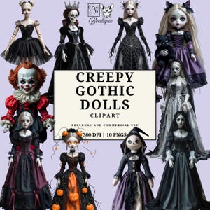Puede incluir: Una colección de muñecas góticas espeluznantes en varios estilos, incluyendo un payaso, un esqueleto y muñecas con vestidos temáticos de telarañas y calabazas. La imagen incluye el texto "Creepy Gothic Dolls Clipart".
