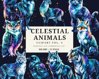 Celestial Animals Clipart Vol 4, Mystic Galaxy Animals, Cosmic Wolf Owl Fox Tiger Deer Cat, Starry Night PNGs, Sublimation Clip Art, 12 PNG